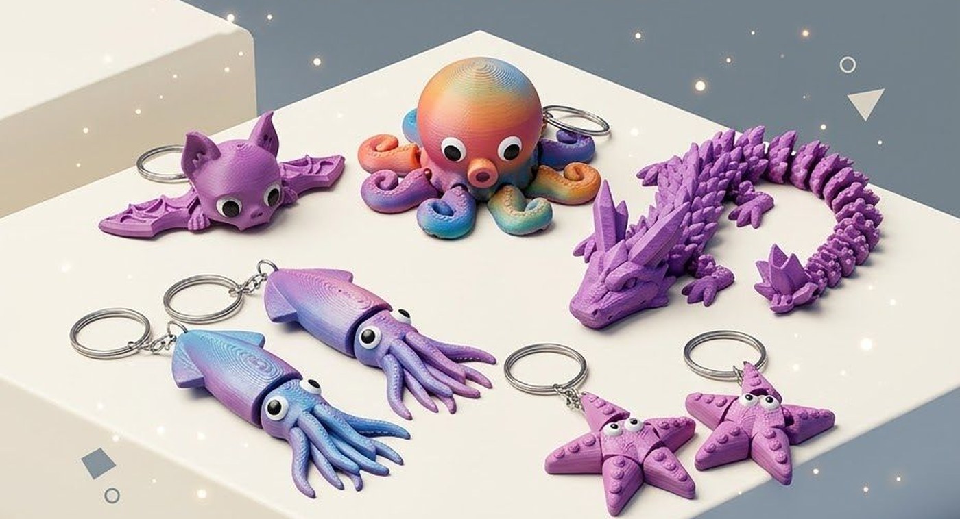 Chaveiros impressos em 3D: polvo, dragão articulado, morcego, lulas e estrelas do mar, com argolas